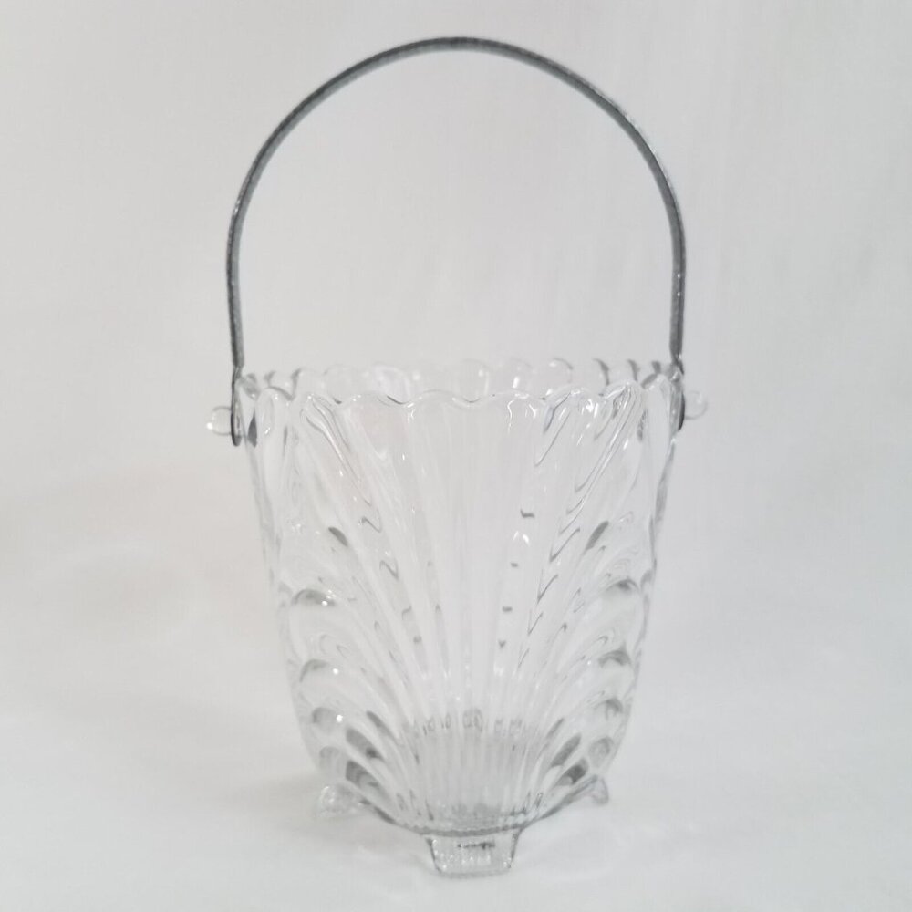 Cambridge Glass Caprice Clear Ice Bucket Footed Optic Swirl Silver Tone Hammered